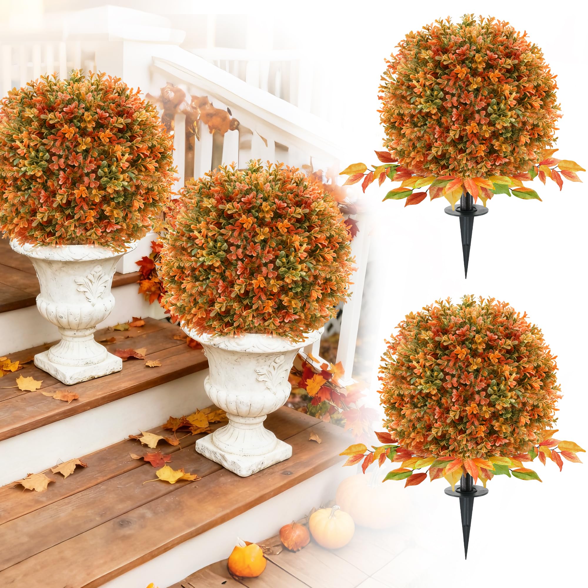 2 Pack Artificial Fall Flower Topiary Ball with Ground Spikes, UV Resistant Orange Boxwood Outdoor Faux Shrubs Plants for Fall Autumn Thanksgiving Halloween Decor, Garden Porch Yard Patio