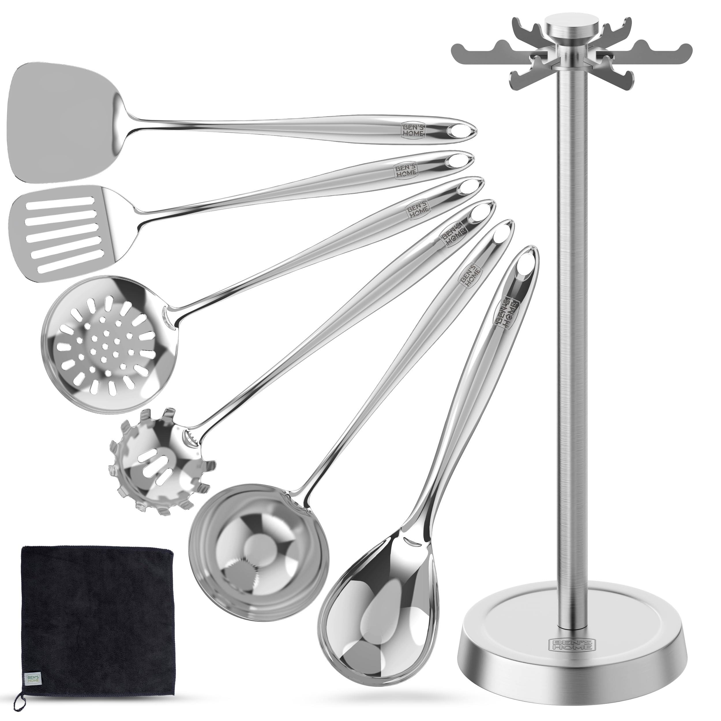 BEN'SHOME 6-Piece Stainless Steel Kitchen Utensil Set with Rotating Holder Stand - Metal Cooking Utensils Set Includes Spatula, Ladle, Serving Spoons, Spaghetti Server - Dishwasher Safe (Polished)