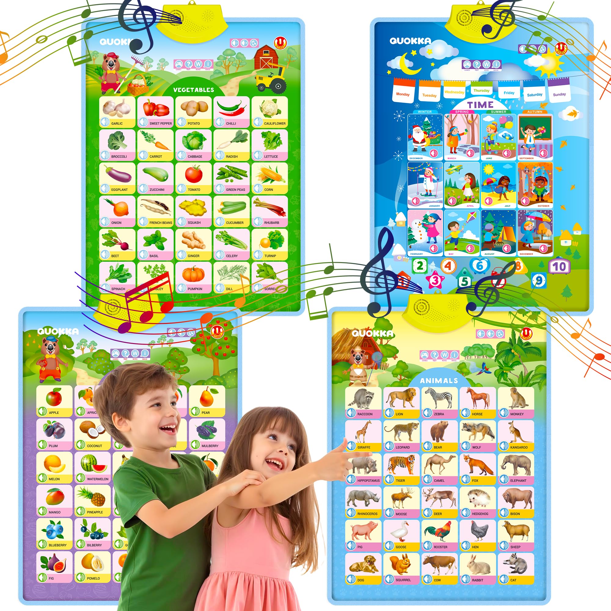 QUOKKA Educational Toys for Kids 5-7 Year Old - Set of 4 Vertical 4 Learning Wall Chart for Toddlers Age 3 4 6+ - Interactive Speech Therapy Poster Boy Girl - Autism Puzzle Game 8-10-12