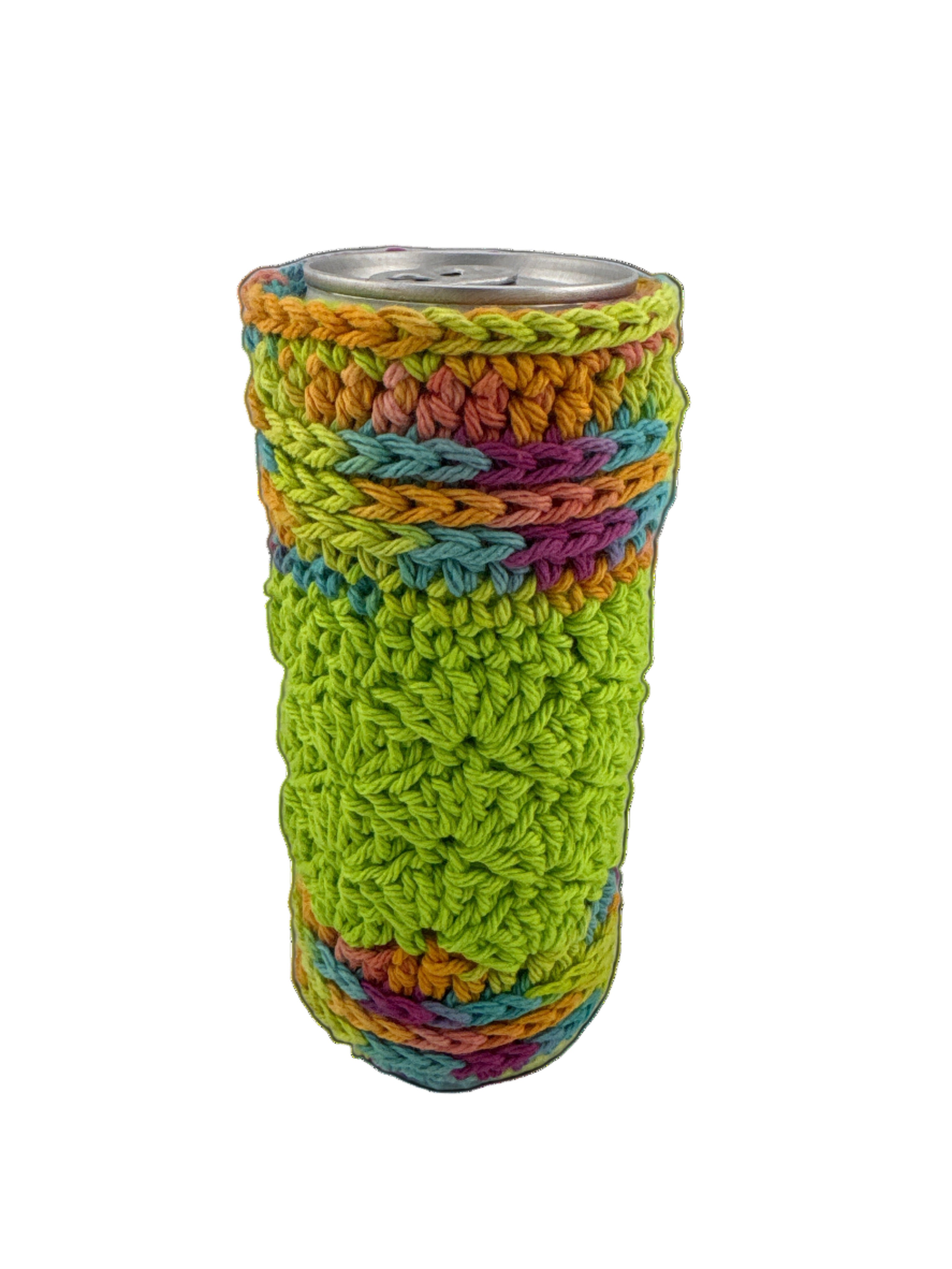 Colorful crocheted can cozy on a gray background