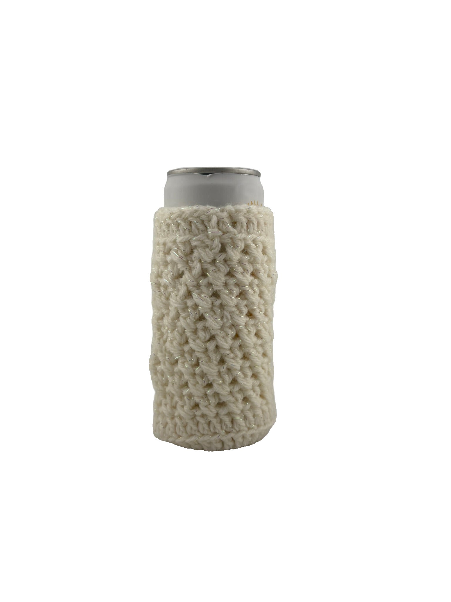 Crocheted beige can cooler on a light gray background