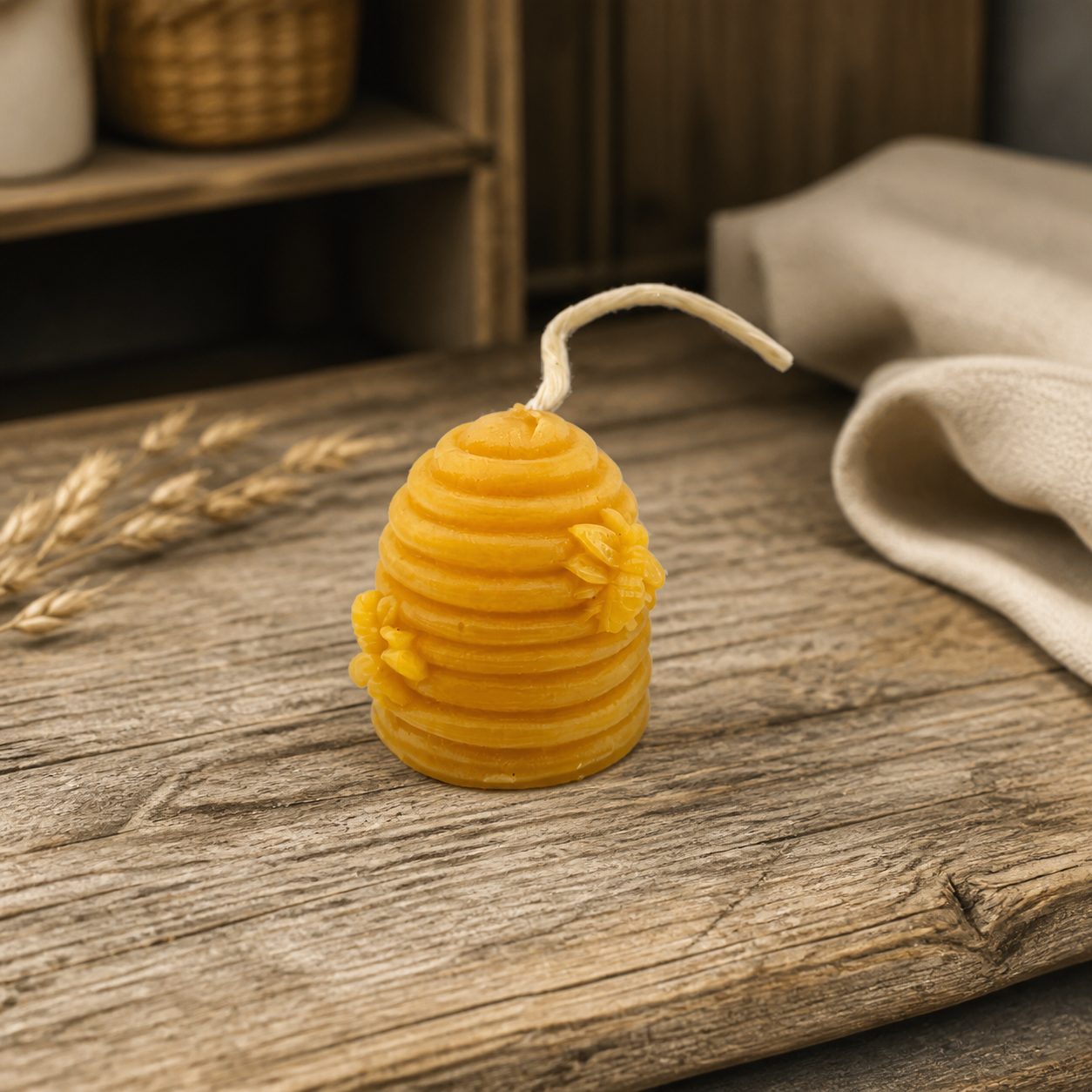 Curb Side Herbs beeswax beehive candle on a rustic wood table