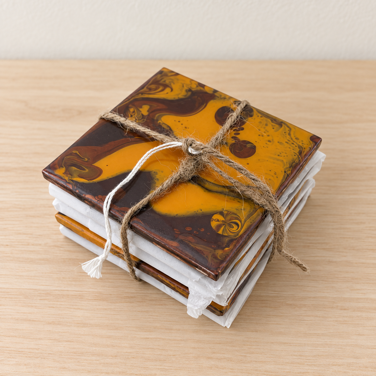 Stack of mustard yellow and brown marbled square coasters tied with twine, displayed on pale wood in soft natural light.