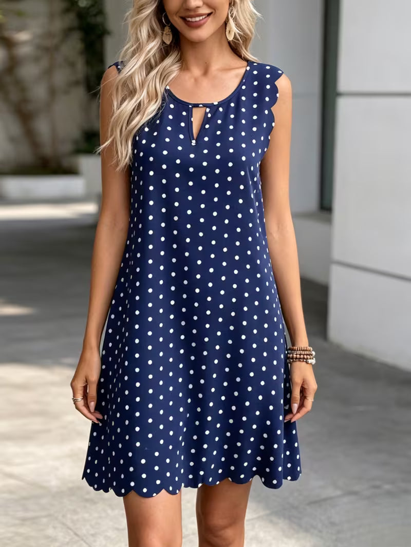 Women's Navy Blue Polka Dot Scallop Trim Sleeveless Shift Dress - Keyhole Neck Casual Tunic Dress for 4Th of July, Labor Day And Vacation Outfits