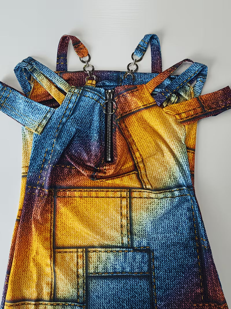 Bodycon Dress Featuring a Cold Shoulder Design with a Patchwork Denim Print, Perfect for Casual Outings And Vacations with a Rainbow Gradient