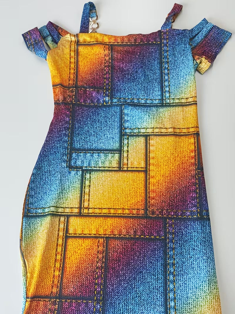 Bodycon Dress Featuring a Cold Shoulder Design with a Patchwork Denim Print, Perfect for Casual Outings And Vacations with a Rainbow Gradient