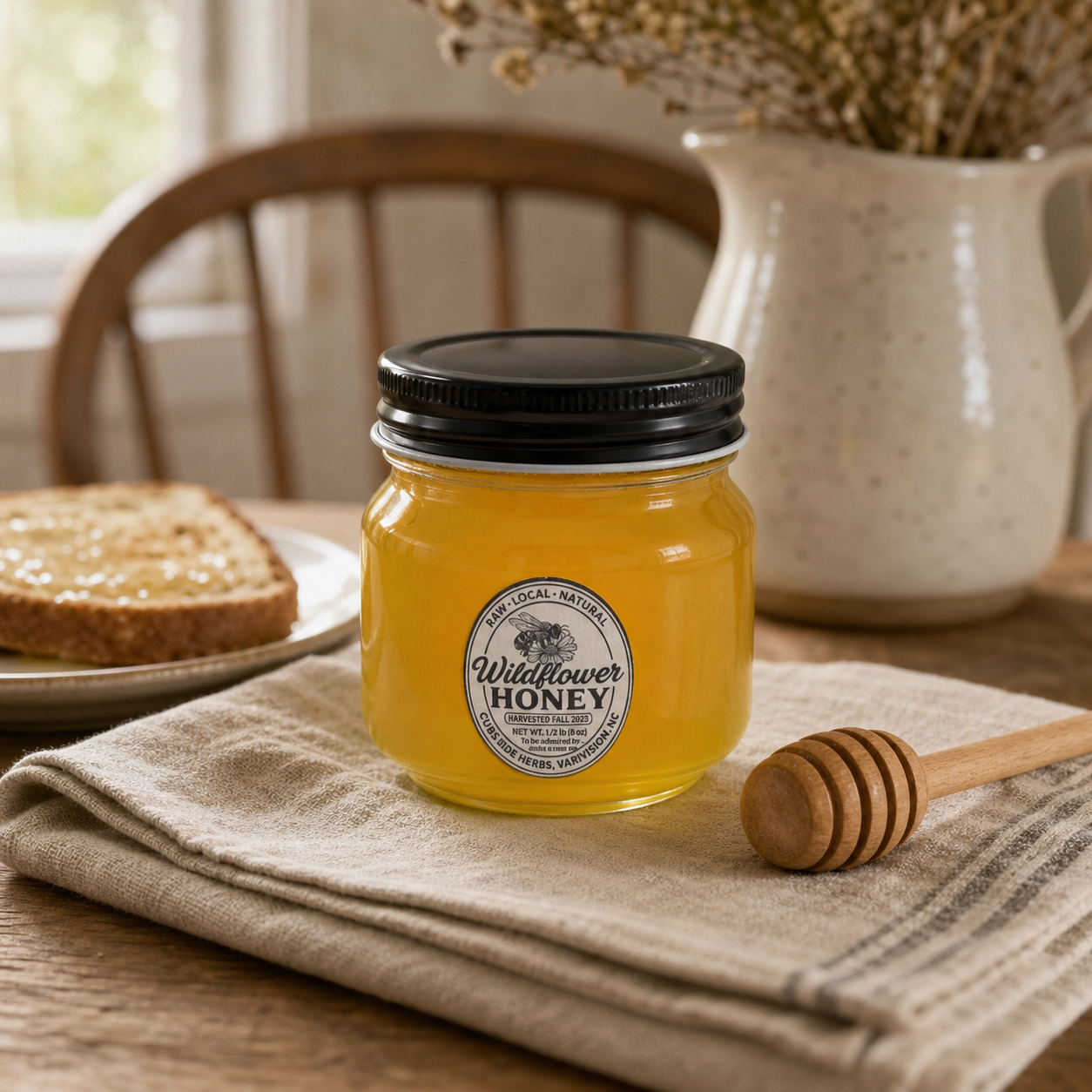 Half-pound Curb Side Herbs wildflower honey jar on a farmhouse table