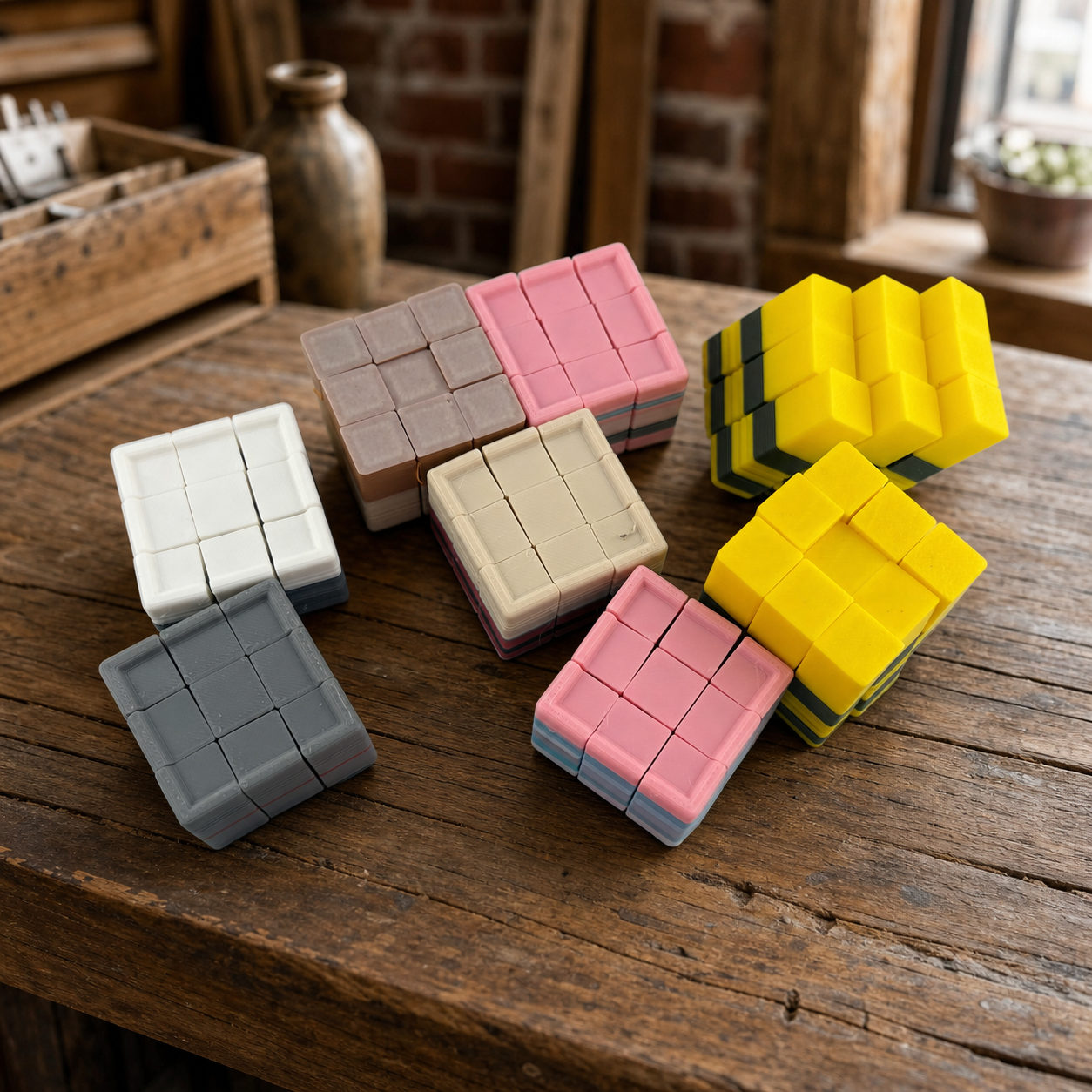 Colorful S3D cube fidget toys on a rustic shop counter