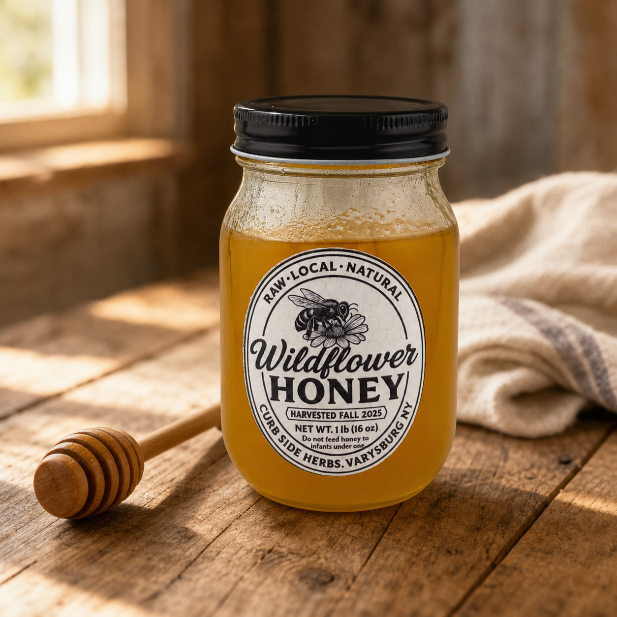 One-pound Curb Side Herbs wildflower honey jar in a rustic kitchen