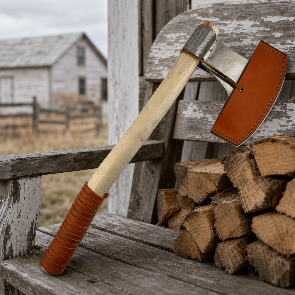 ALF handmade axe beside firewood on a farmhouse porch