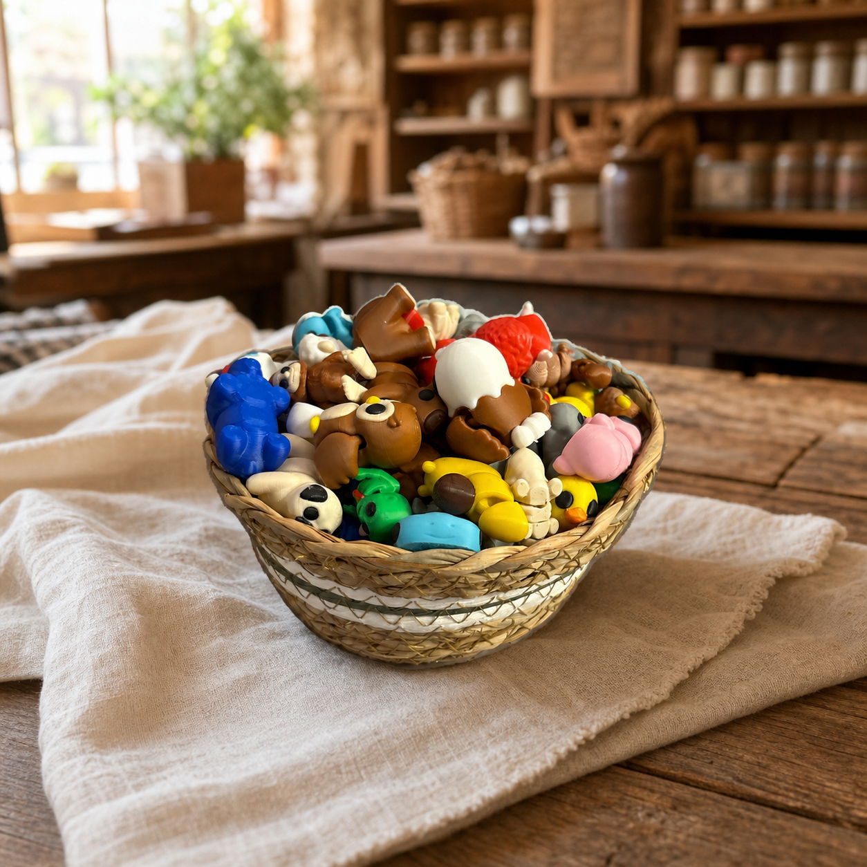 S3D articulated minis on a rustic market table