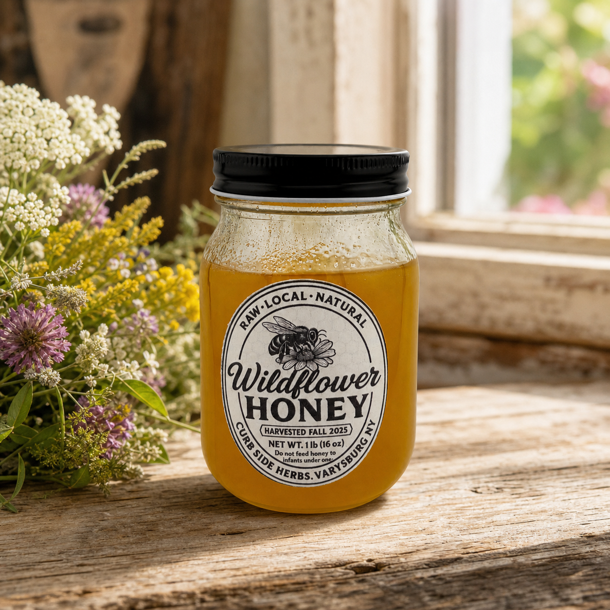 One-pound Curb Side Herbs wildflower honey jar with wildflowers
