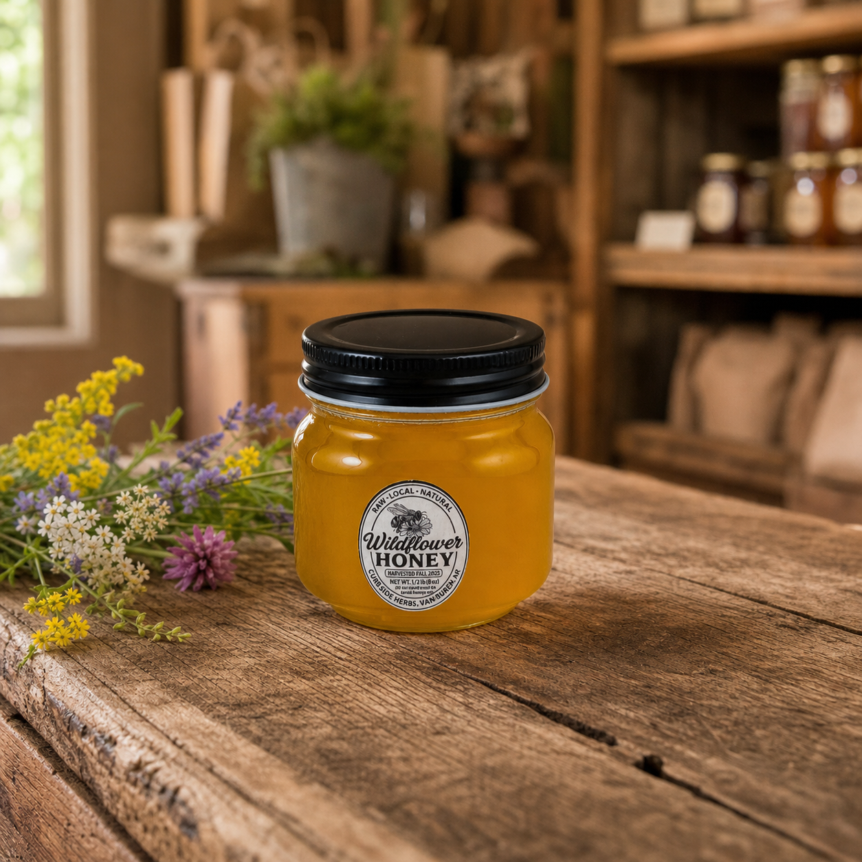 Half-pound Curb Side Herbs wildflower honey jar with wildflowers