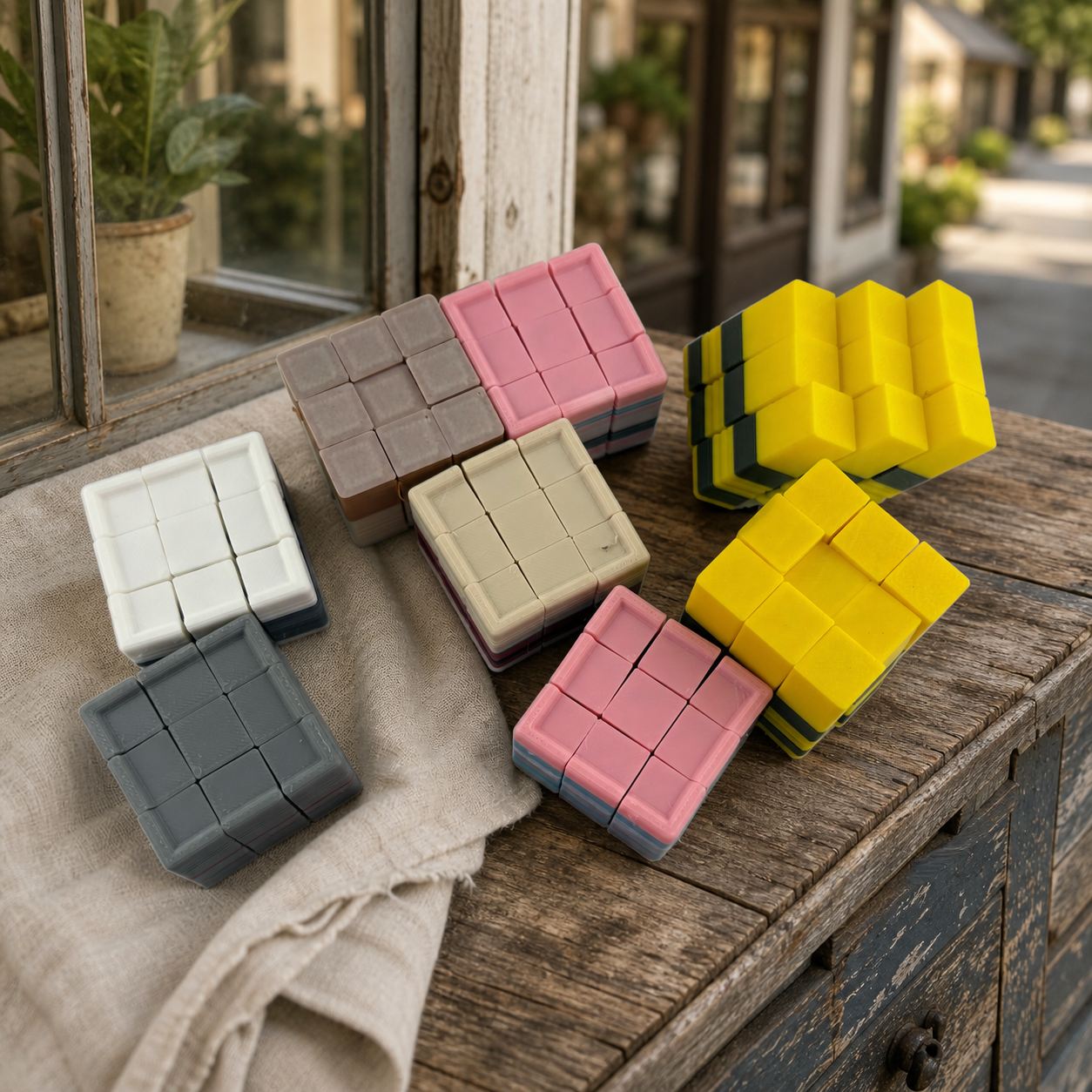 Colorful S3D cube fidget toys beside a vintage shop window