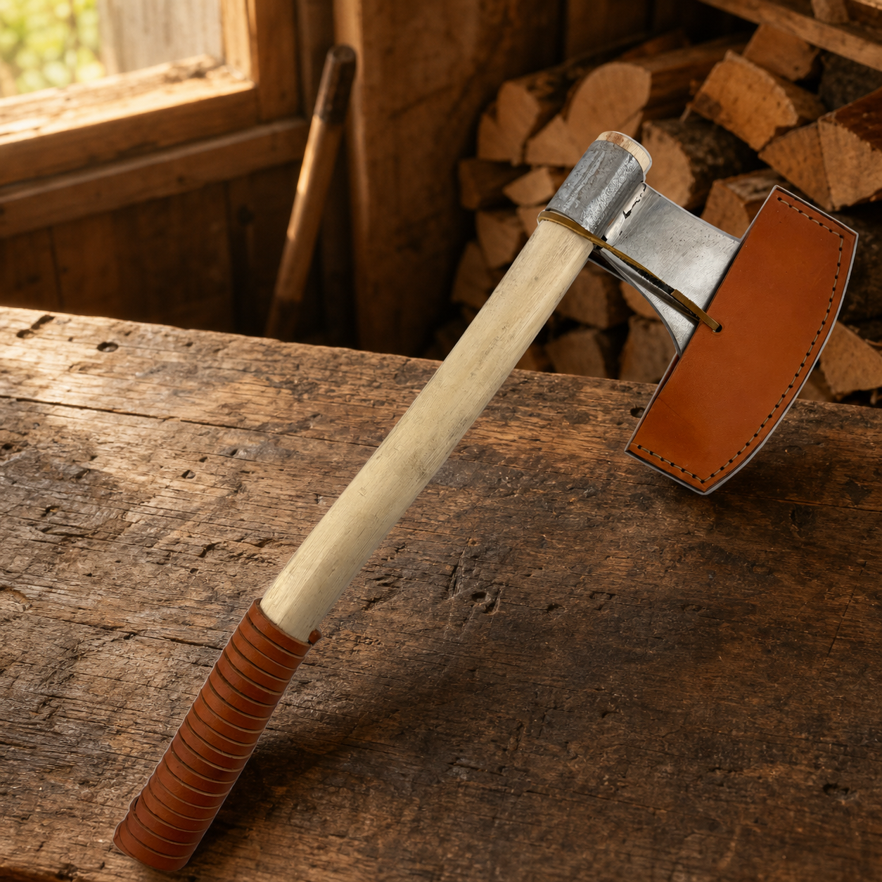 ALF handmade axe on a rustic workshop bench